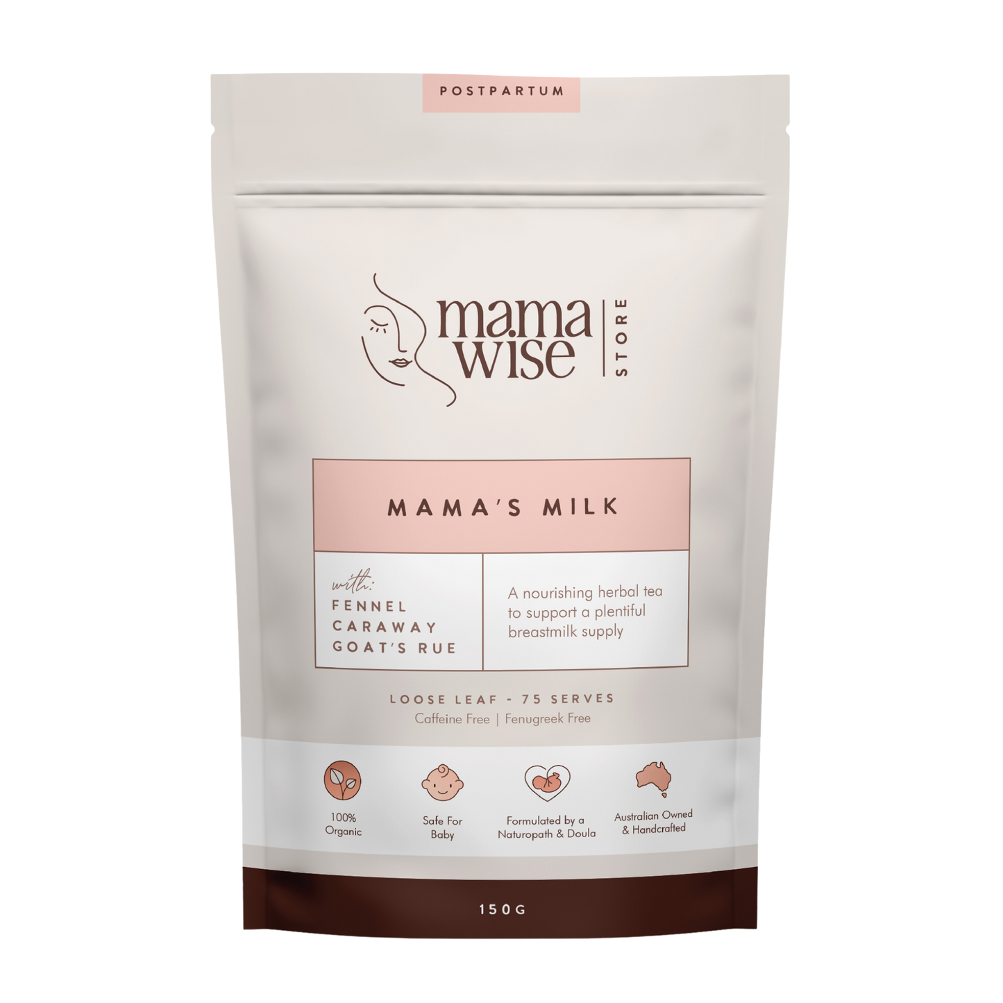 Mamawise Mama's Milk Herbal Tea 150gm pack for breastfeeding mothers to support healthy milk supply