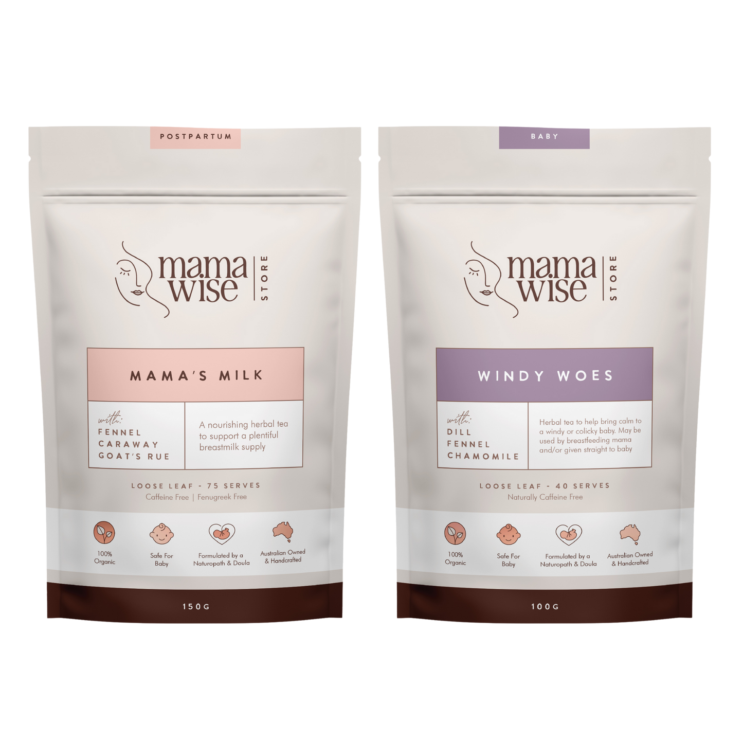 Mamawise Mama's Milk Breastfeeding Herbal Tea 150gm Pack and Mamawise Windy Woes Colic Herbal Tea 100gm Pack