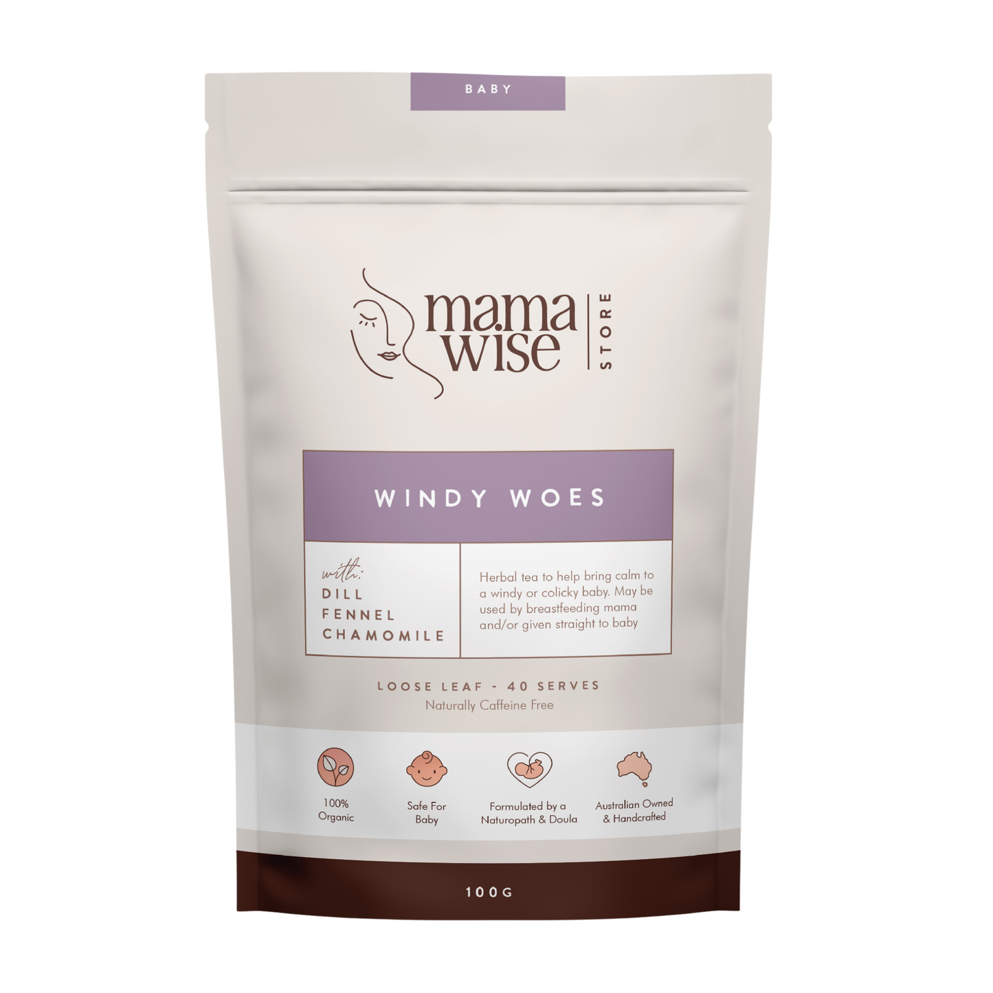 Mamawise Windy Woes Herbal Tea 100gm pack, used by breastfeeding mothers to ease colic or windy in baby 