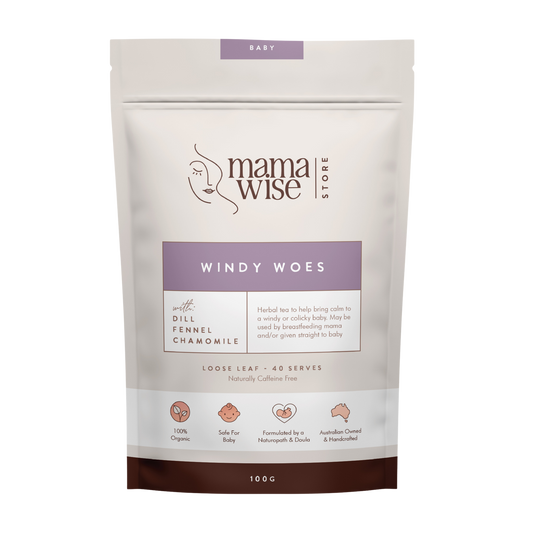 Mamawise Windy Woes Herbal Tea 100gm pack, used by breastfeeding mothers to ease colic or windy in baby