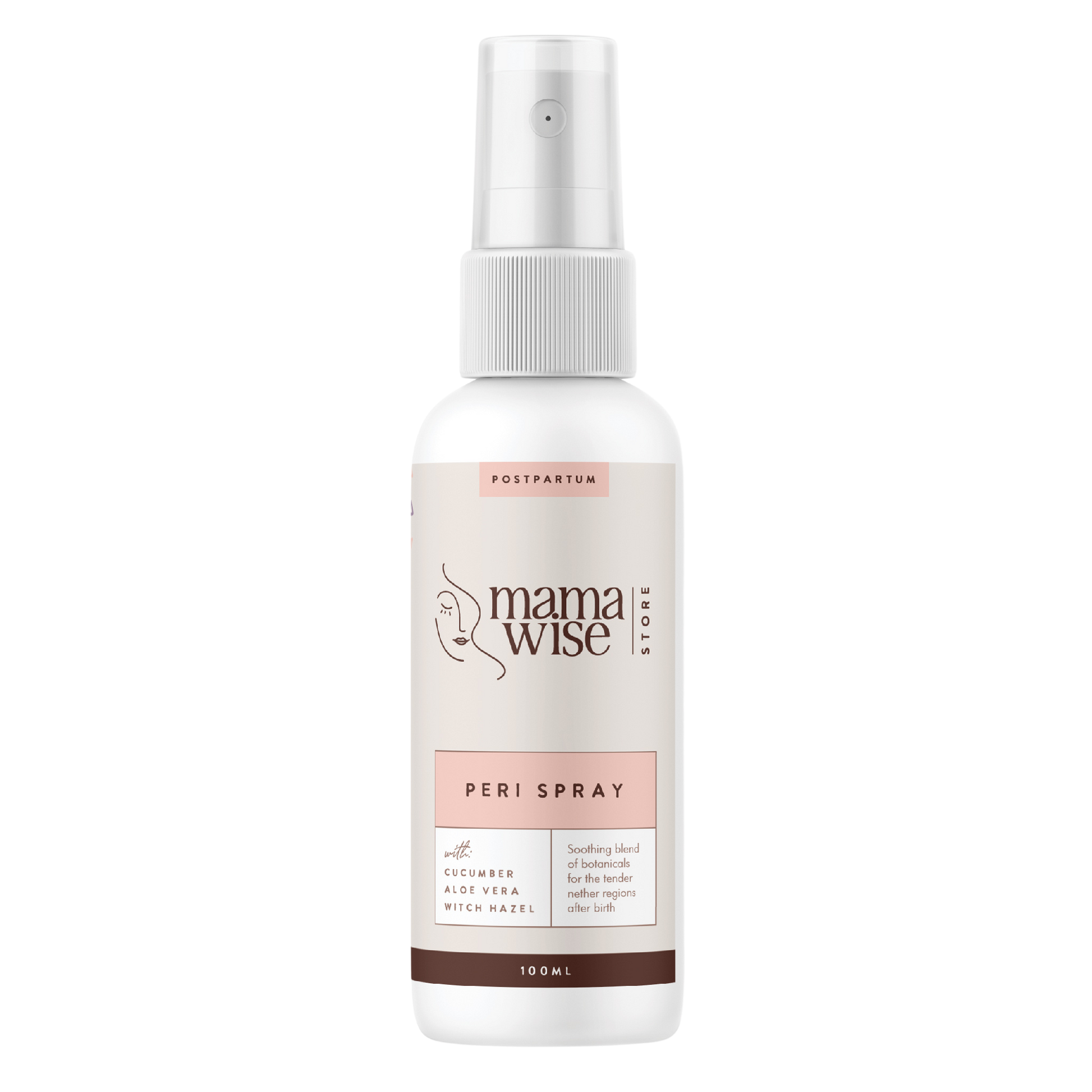 Mamawise Peri Spray 100ml bottle for after birth care use with stitches, swelling, tears, cooling and healing to perineum in postpartum