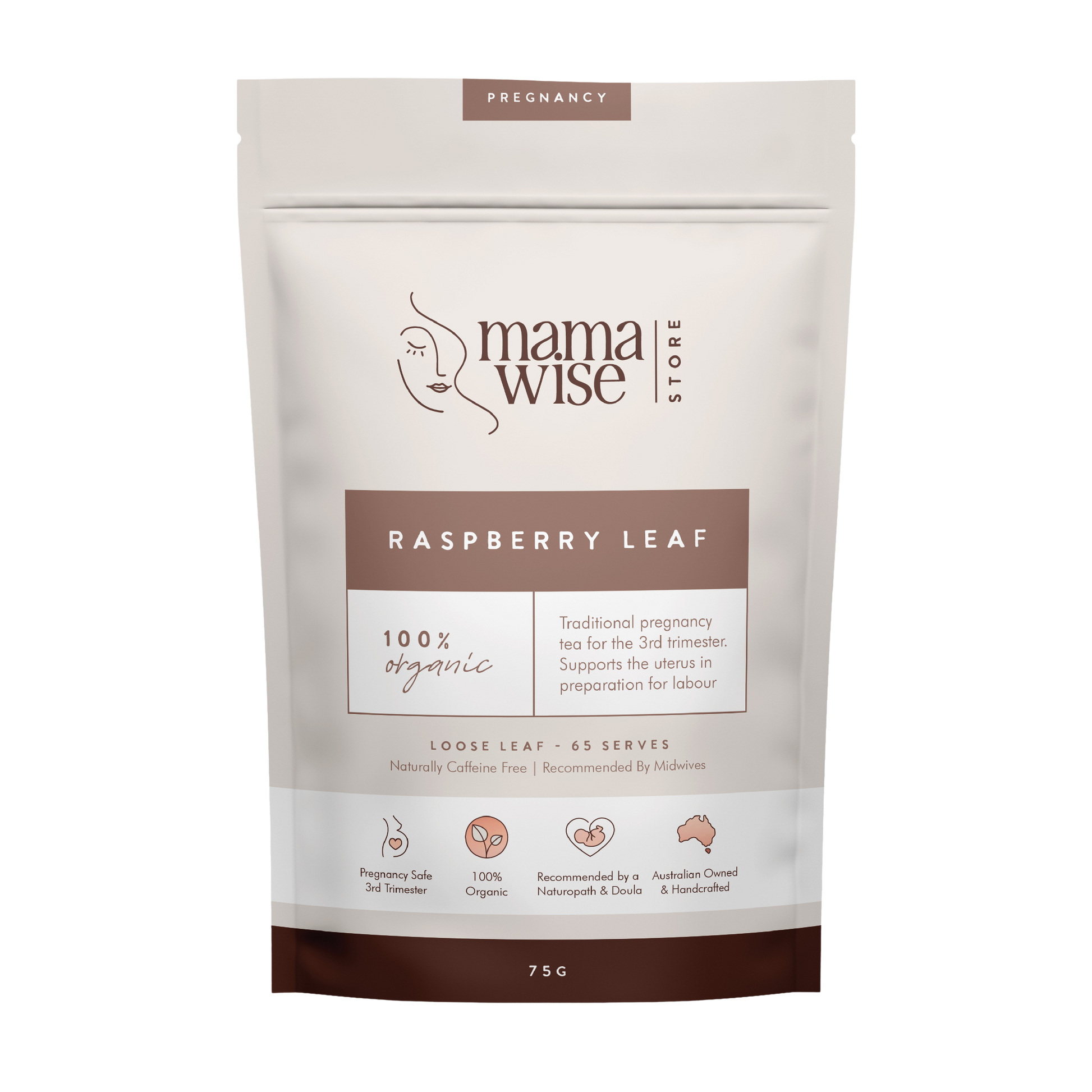 Mamawise Raspberry Leaf Tea 75gm pack, organic, pregnancy tea for third trimester to prepare for labour