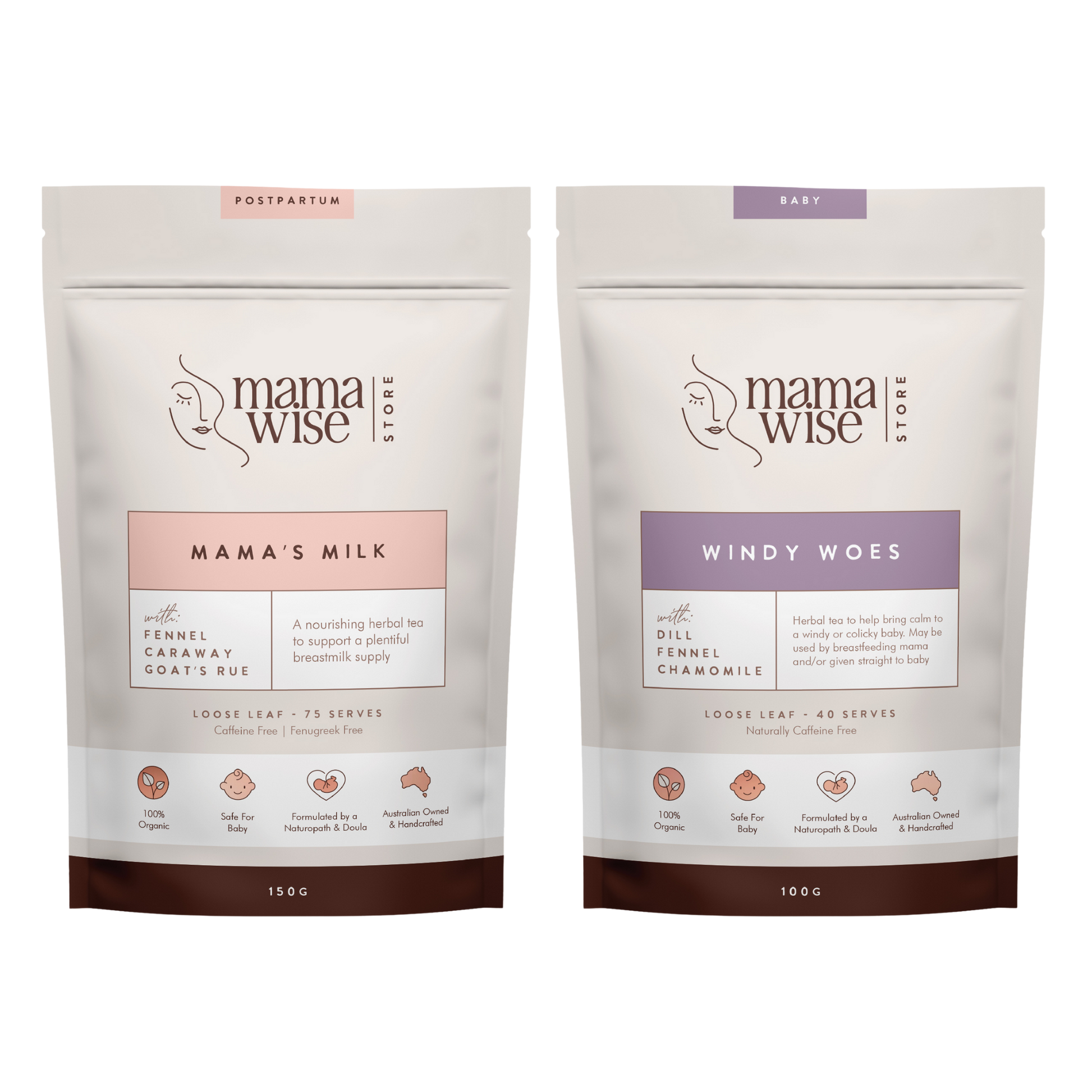 Mamawise Mama's Milk Breastfeeding Herbal Tea 150gm Pack and Mamawise Windy Woes Colic Herbal Tea 100gm Pack