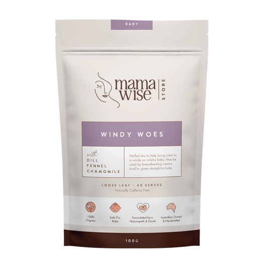 Mamawise Windy Woes Herbal Tea 100gm pack, used by breastfeeding mothers to ease colic or windy in baby 