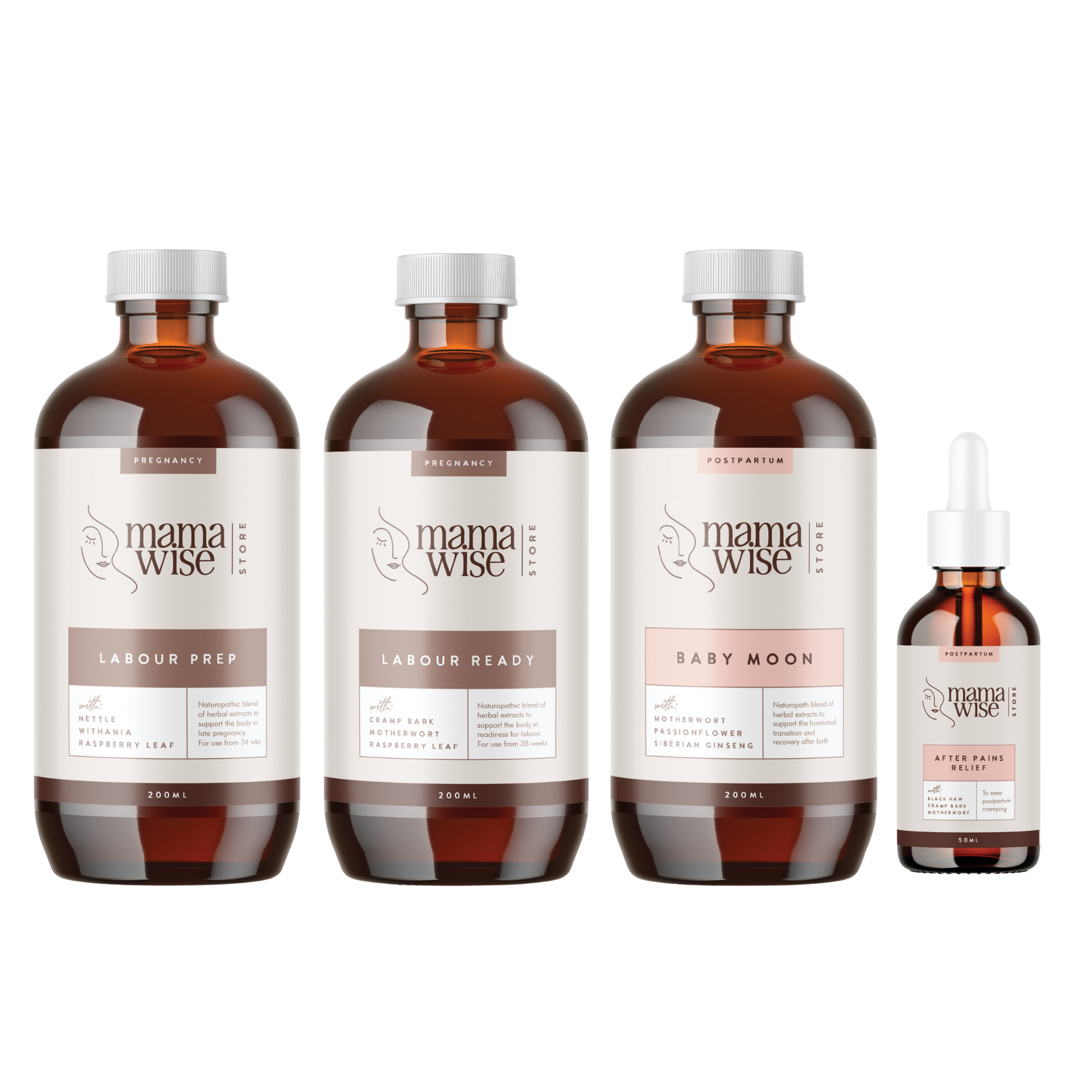 Set of 4 herbal extracts; Labour Prep 200ml, Labour Ready 200ml, Baby Moon 200ml, After Pains Relief 50ml for late pregnancy and postpartum
